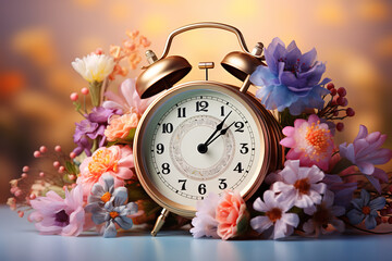 A clock with flowers on top of it