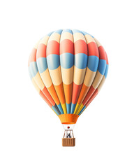 A vibrant hot air balloon, with colorful stripes, floating gracefully, basket attached, against a white background. Generative AI