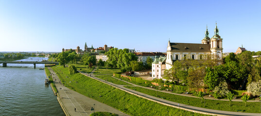 Krakow, Poland. Aerial panorama with Skalka church and Paulinite monastery, Vistula river, Wawel...
