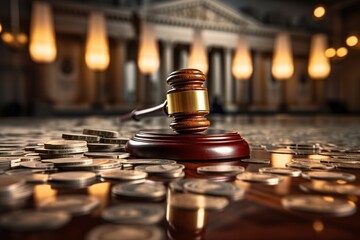 A judge's gavel sits on a pile of coins