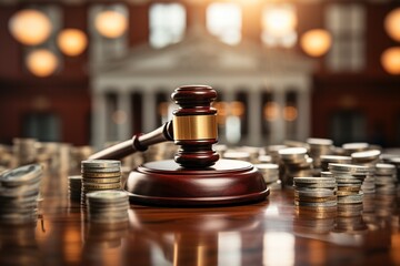 A judge's gavel sits on a table with a pile of coins