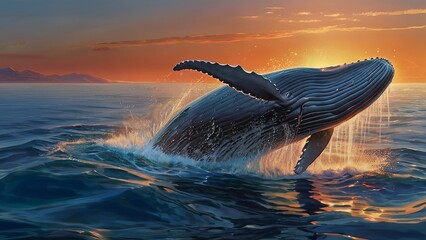 Obraz premium Anime-inspired illustration of a cute whale on a sunset