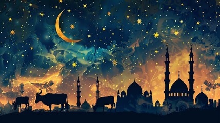 Muslim holiday Islamic festival Celebratio  Eid al-Adha with buck silhouette and mosque illustration in crescent moon light poster, banner, flyer, background - Powered by Adobe