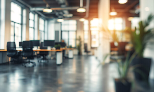 Interior of nice eco-friendly working environment modern office work space with employees workplaces in company.