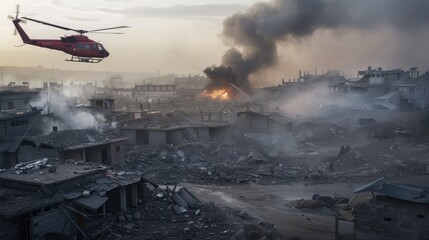 A red helicopter flies over the destroyed city, buildings and rubble in full swing. In front of it is an explosion with smoke rising from behind.