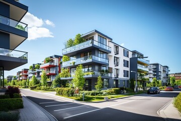 Obraz premium A row of apartment buildings with a green tree in front of one of them
