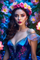 An image of a beautiful woman, dressed in an ethereal gown andadorned with flowers, standing at the center of a lush garden.