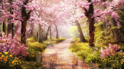 a beautiful walk surrounded by blooming cherry trees