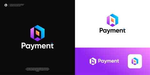 Colorful letter P payment with abstract arrow symbol transfer logo design.