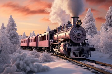Obraz premium A train is traveling through a snowy landscape with a pink bright sunrise lights over it