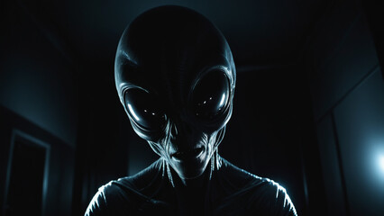 Creepy and scary close-up alien portrait in a dark room - Generative AI
