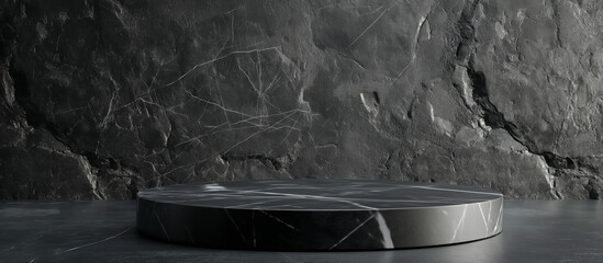 ฺฺBlack stone podium on dark rock background product display platform abstract 3d illustration.
