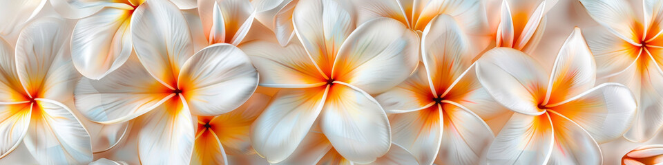Close-Up of Blossoming Plumeria Flowers in Daylight, banner or border.