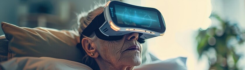 Patient undergoing VR therapy for chronic pain, close-up on face and VR goggles, innovative pain relief method