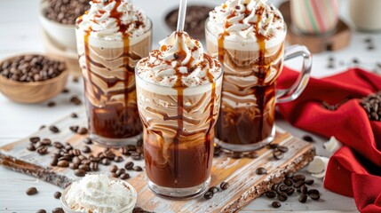 Fototapeta premium a coffee break with three drinks, a refreshing iced latte in a glass, a velvety cappuccino in a transparent mug, and a unique milk tea concoction with green leaves.