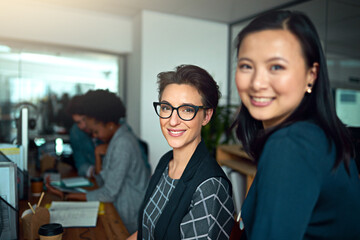 Women, financial advisor and smile in portrait as employees in workplace for insurance,...