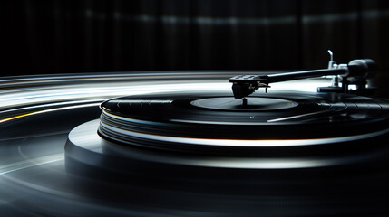 Obraz premium A turntable needle playing a vinyl record in close-up view