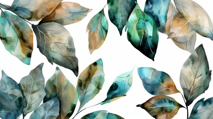 Close-up of vibrant watercolor leaves, each brushstroke adding depth and texture, beautifully isolated against a stark white background