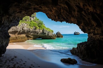 Fototapeta premium A beautiful beach with a large rock formation and a cave in the background
