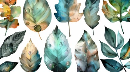Detailed close-up of assorted vibrant watercolor leaves, featuring realistic droplets and shading, all set against a crisp white backdrop