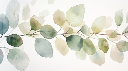 Close-up of a watercolor painting featuring soft, delicate foliage, each leaf rendered with subtle color transitions and finely isolated on a pristine white canvas