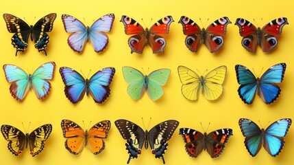 A lot of colorful butterflies in different colors on a yellow background.
