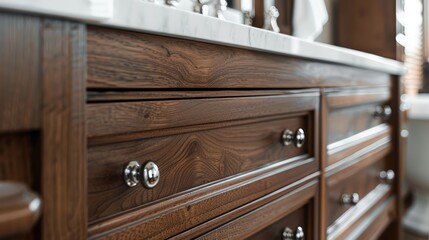 Close-up of a wooden bathroom cabinet in rich walnut finish, showcasing fine craftsmanship and elegant hardware for a luxurious look