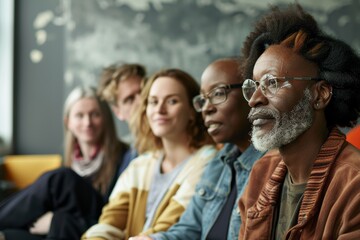 Group of diverse multiethnic people sitting in a row, looking at the camera