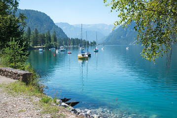 harbor with sailboats, lake Achensee, austria tyrol
