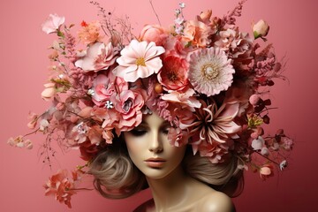 Naklejka premium Creative portrait of a girl with a big wreath of flowers on her head.