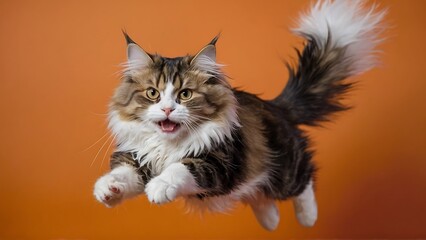 funny siberian maine coon cat on orange background