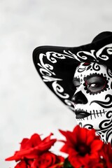 Skull Wearing Black Hat With Red Flowers