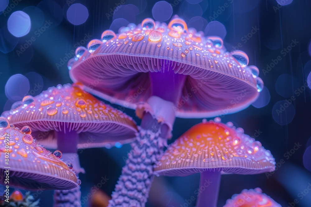 Poster hallucinogenic mushrooms with caps that spiral into fractal patterns, glowing under a black light,