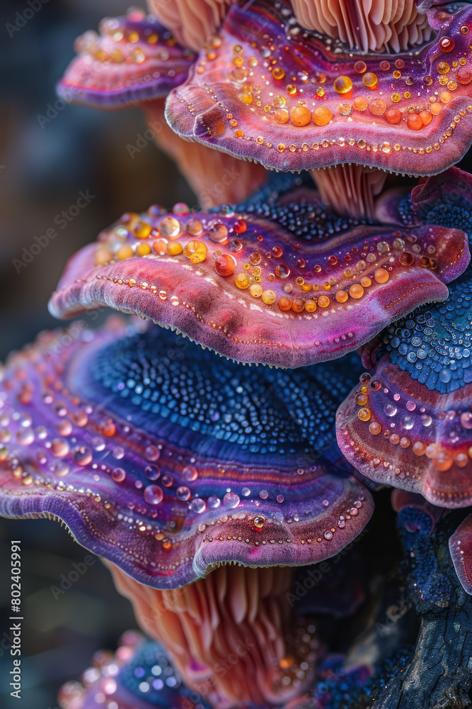 Poster Close-up of a psychedelic mushroom surface, morphing into an intricate mosaic of vivid colors,