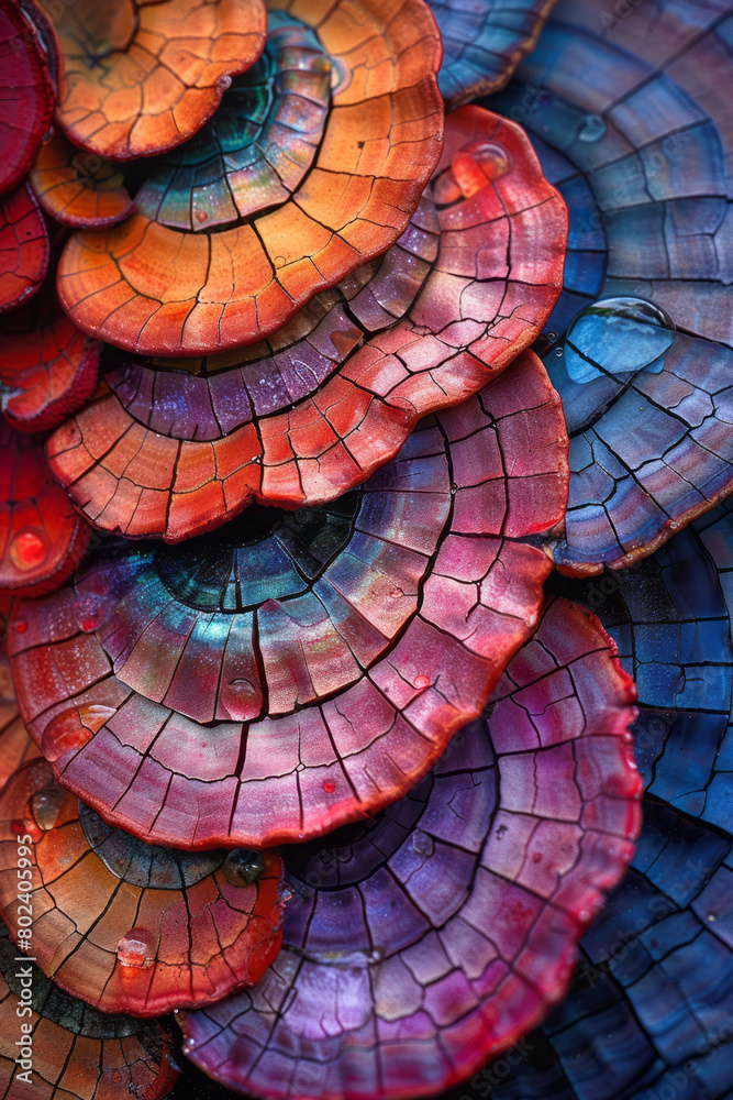 Poster Close-up of a psychedelic mushroom surface, morphing into an intricate mosaic of vivid colors,