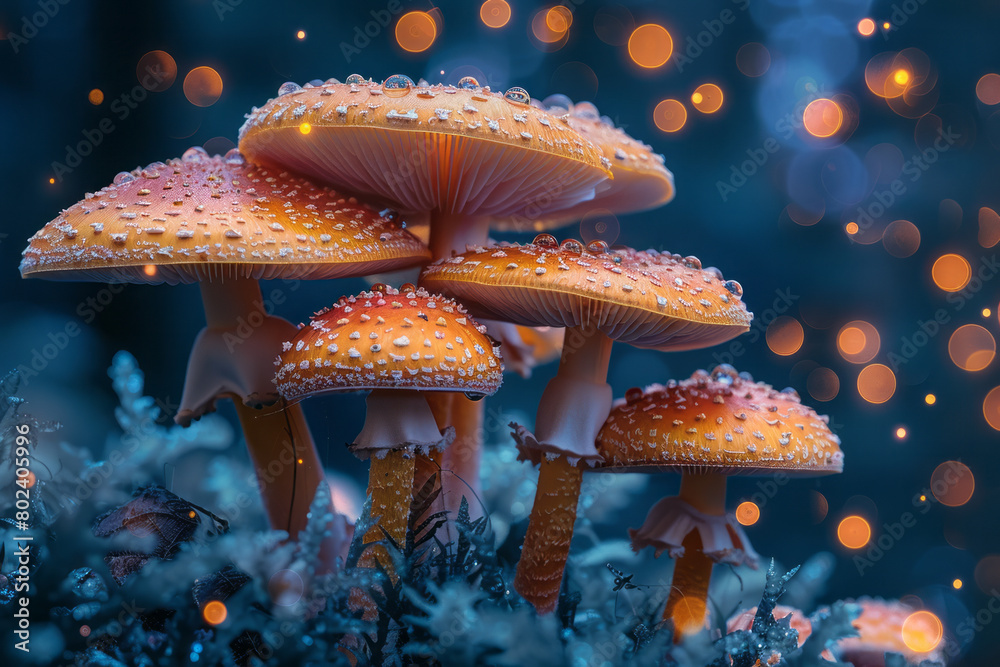 Poster a cluster of hallucinogenic mushrooms with caps that resemble swirling galaxies in deep space,