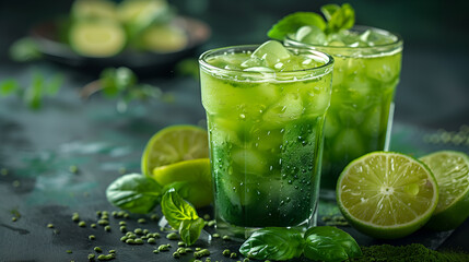 Matcha iced green tea with lime on table