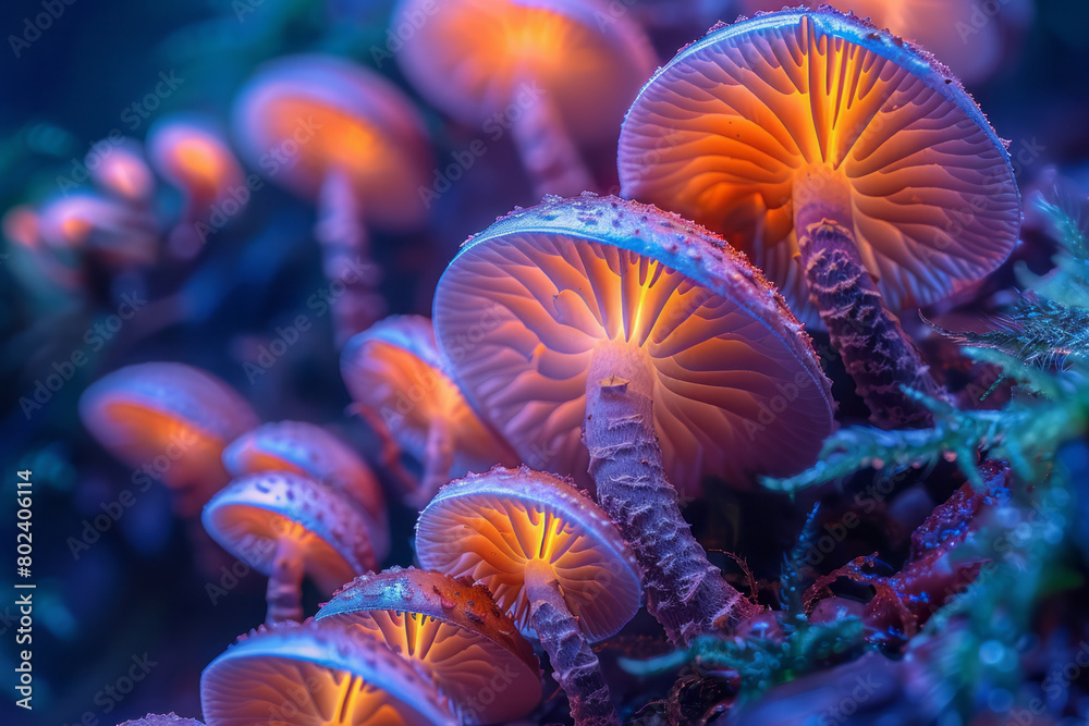 Poster hallucinogenic mushrooms growing in a spiral, each layer transitioning through a spectrum of neon co