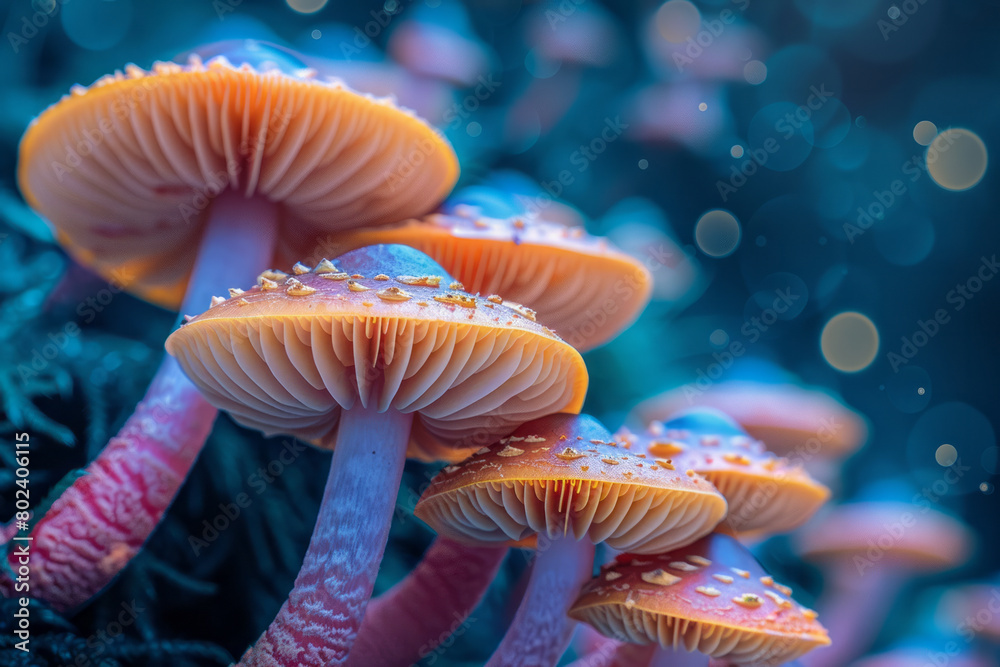 Poster hallucinogenic mushrooms growing in a spiral, each layer transitioning through a spectrum of neon co