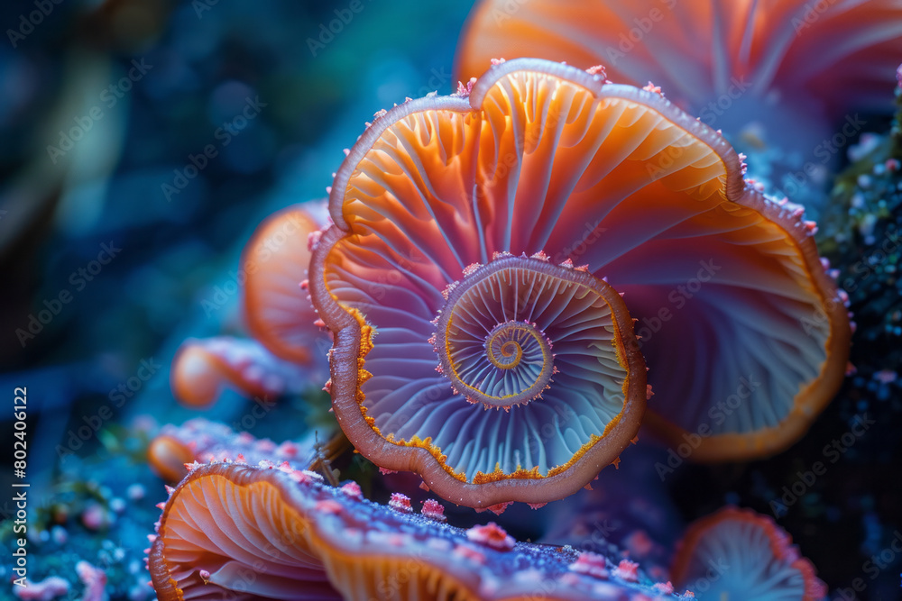 Poster hallucinogenic mushrooms growing in a spiral, each layer transitioning through a spectrum of neon co