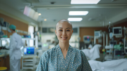 Obraz premium portrait of smiling bald young asian woman suffering from cancer in hospital