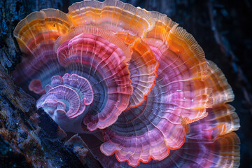 Hallucinogenic mushrooms growing in a spiral, each layer transitioning through a spectrum of neon colors,