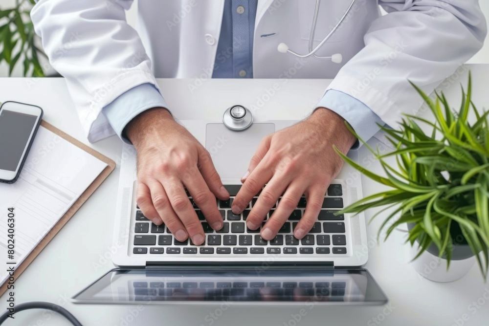 Wall mural Doctor typing on laptop at desk, with hand on output device, next to houseplant