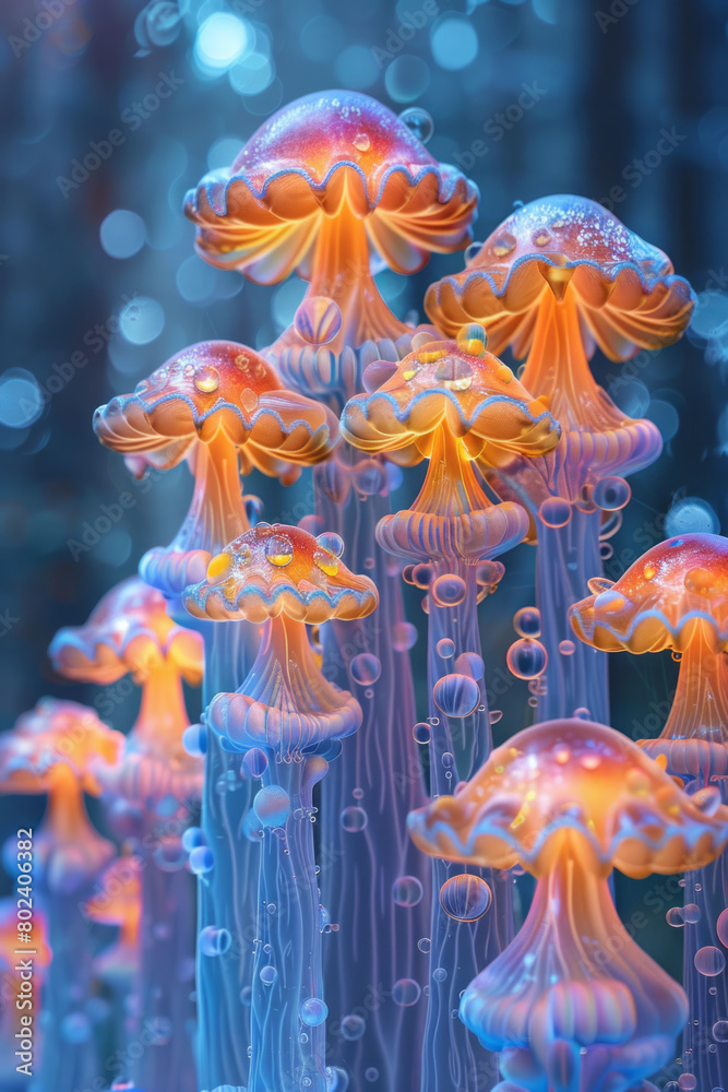 Fototapete An array of psychedelic mushrooms, each cap a window into a different dimension, filled with abstract forms,