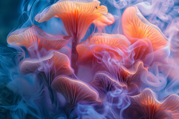 Mushrooms that have transformed into glass sculptures, transparent and filled with swirling colored smoke,