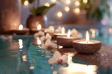 A row of candles are floating on the surface of a pool of water