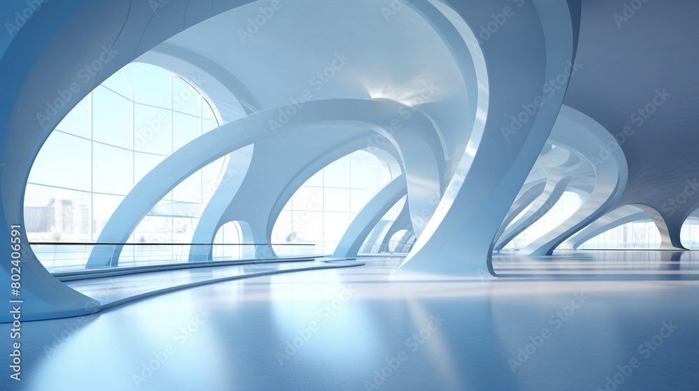 Poster Abstract architecture scene with smooth curves. Abstract background with futuristic building in white and blue colors.