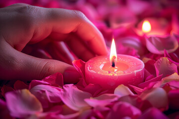 A hand is holding a candle in a pink background