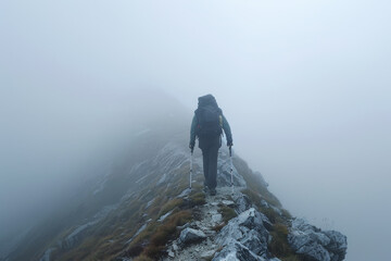 A man is hiking up a mountain with a backpack on