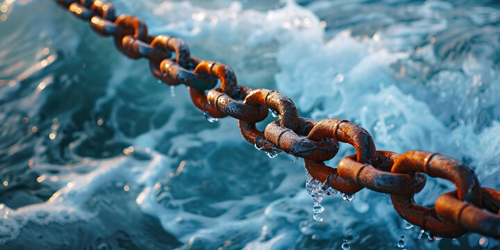 Symbolic image of a broken chain with blue background